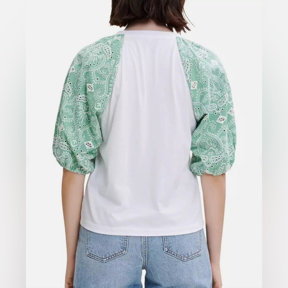 Maje Women's Taberie Lace Puff Sleeve Crew Neck Top Blouse 1/Small White Green - Picture 2 of 6
